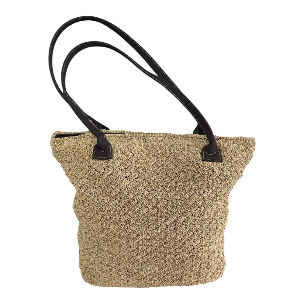 Y2K Era Woven Tote Bag Straw-Look with Brown Faux Leather Handles – 60% Cotton